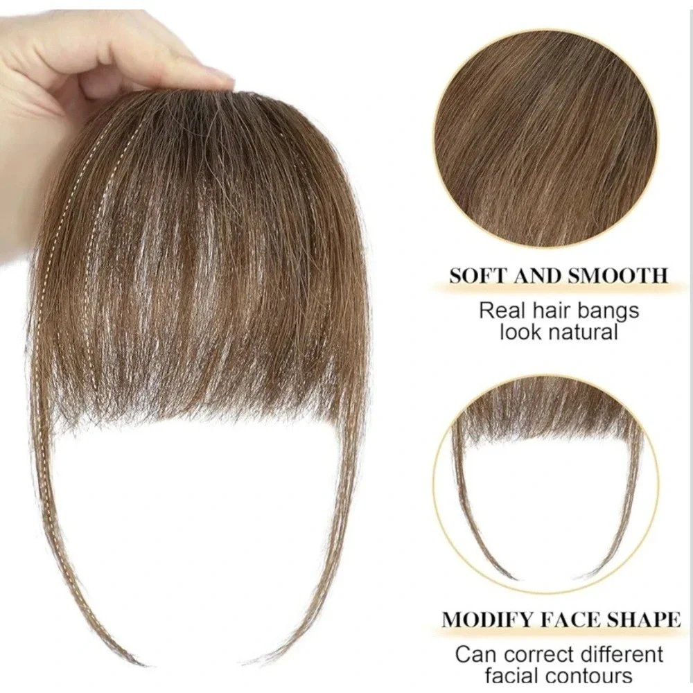100% Human Hair Clip In Bangs Medium Brown Wispy Fringe Hair Extensions BB Clip